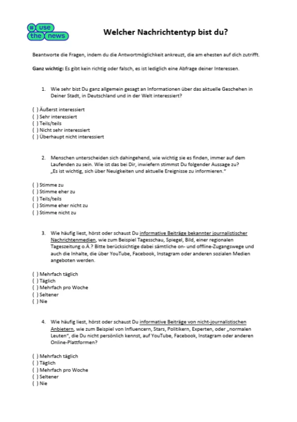 Arbeitsblatt: Welcher Nachrichtentyp bist du? | Fragebogen für Lernende (PDF)