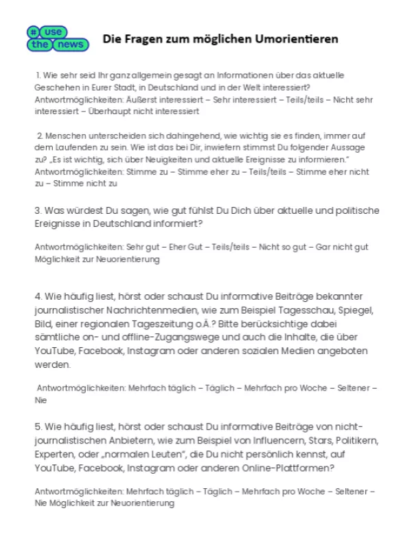Unterrichtsbaustein: Welcher Nachrichtentyp bist du? | Fragen zum möglichen Umorientieren