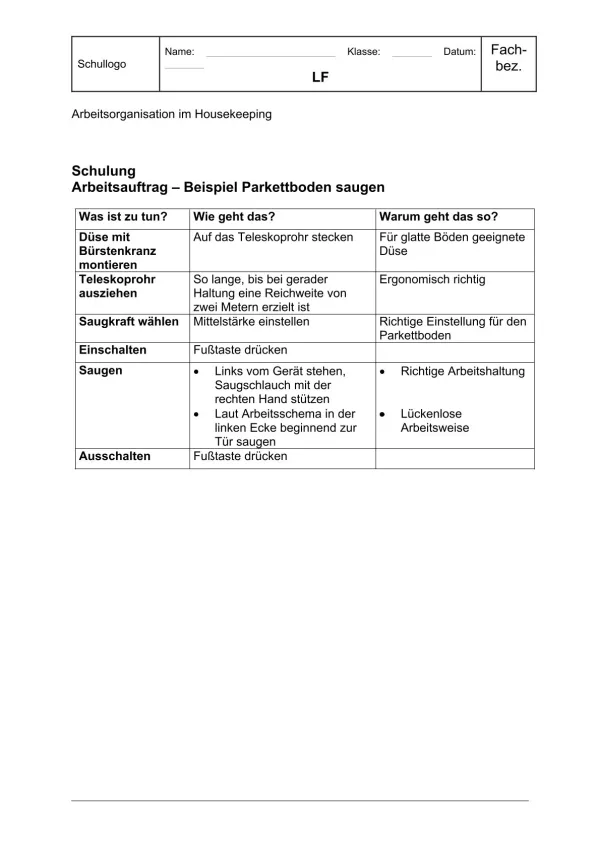Unterrichtsbaustein: 11.3 Schulung zur Reinigung von Parkettboden (Lösung)