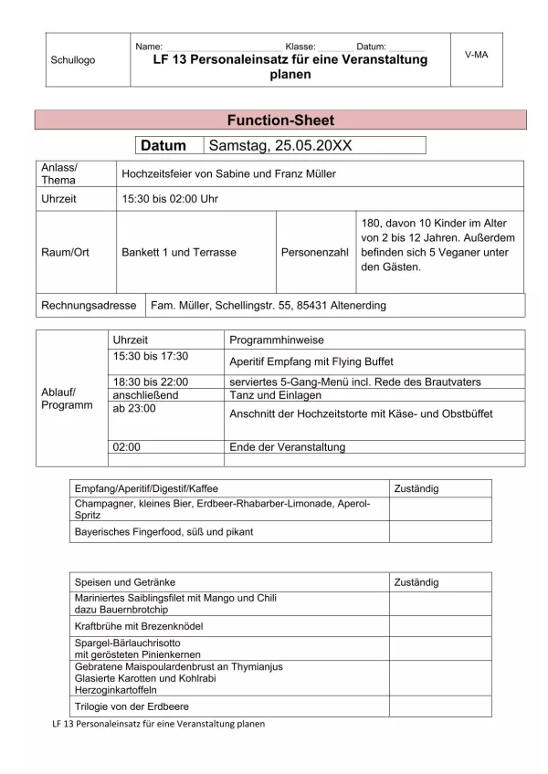 Unterrichtsbaustein: 13.1 Function-Sheet Hochzeitsfeier