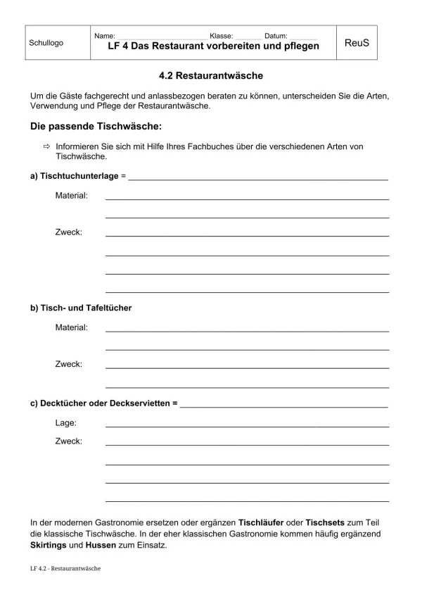Unterrichtsbaustein: 4.2 Restaurantwäsche Tischtücher