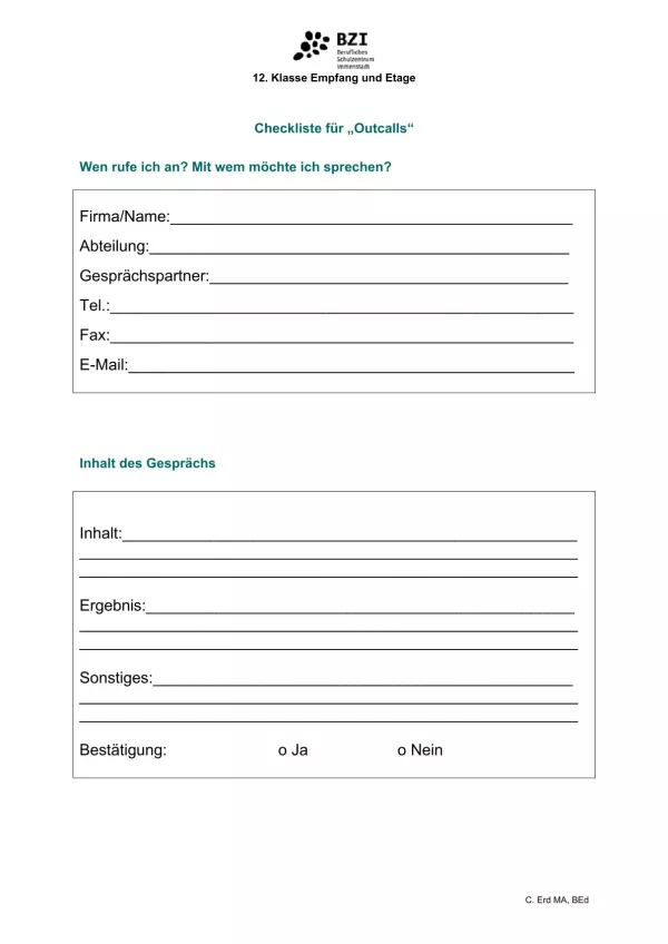Unterrichtsbaustein: 6.1 Checkliste für Outcalls: Gesprächsnotiz