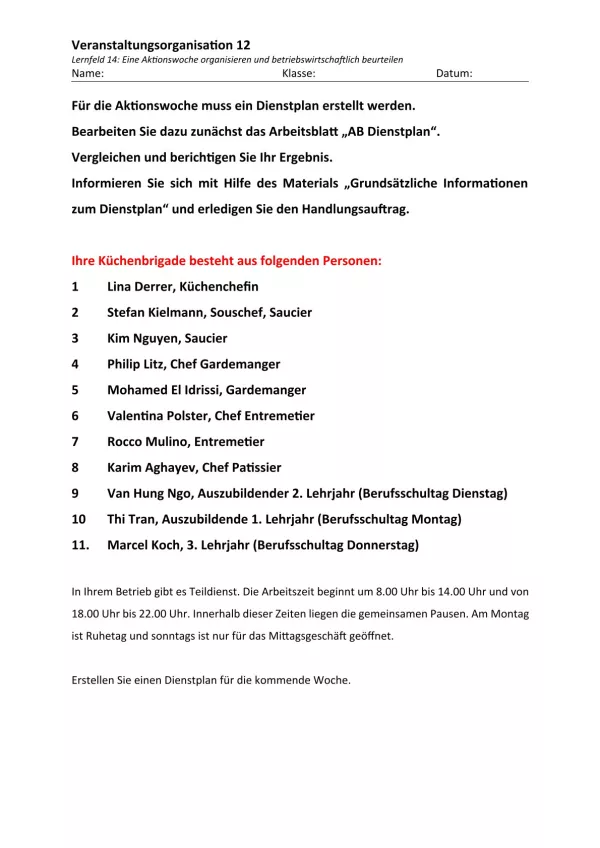 Unterrichtsbaustein: 14.1 Handlungsauftrag Dienstplan