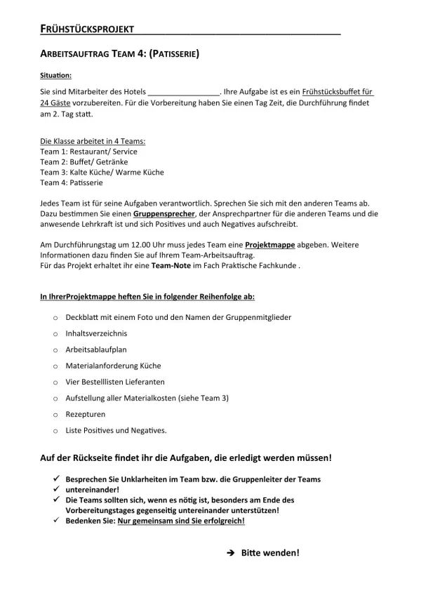 Unterrichtsbaustein: 12.1 Frühstücksprojekt Team 3: Kalte Küche, warme Küche