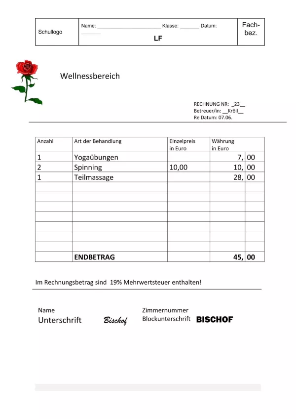 Unterrichtsbaustein: 6.3 Rechnungen Beispiele Familie Bischof