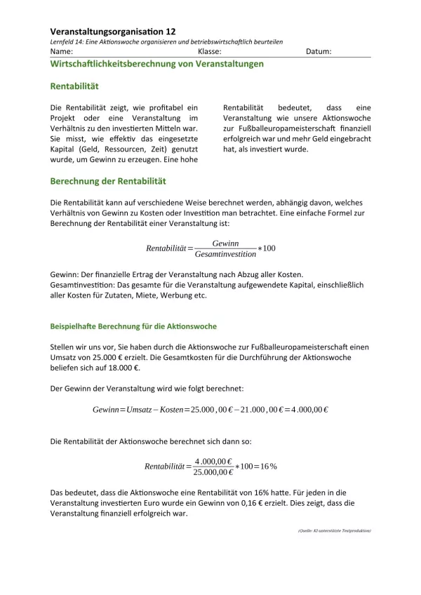 Unterrichtsbaustein: 14.1 Wirtschaftlichkeitsberechnung von Veranstaltungen: Rentabilität