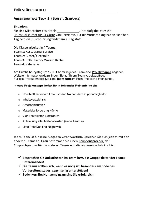 Unterrichtsbaustein: 12.1 Frühstücksprojekt Team 2: Buffet, Getränke