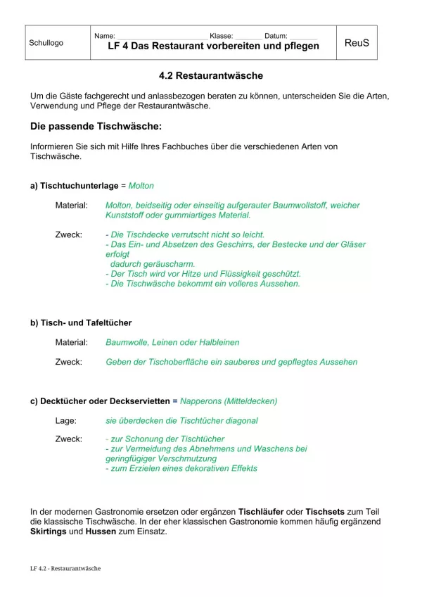 Unterrichtsbaustein: 4.2 Restaurantwäsche Tischtücher (Lösung)