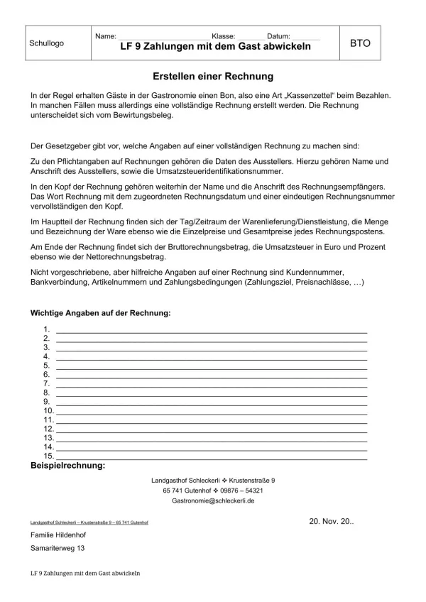 Unterrichtsbaustein: 9.2 Erstellen einer Rechnung: Angaben auf der Rechnung