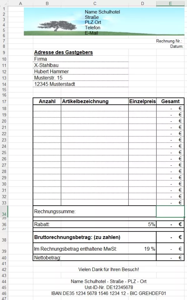 Unterrichtsbaustein: 9.2 Erstellen einer Rechnung (Excel-Vorlage)