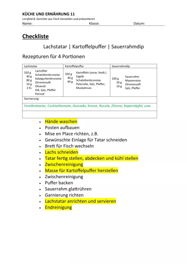 Unterrichtsbaustein: 8.3 Checkliste Fischzubereitung (Lösung)