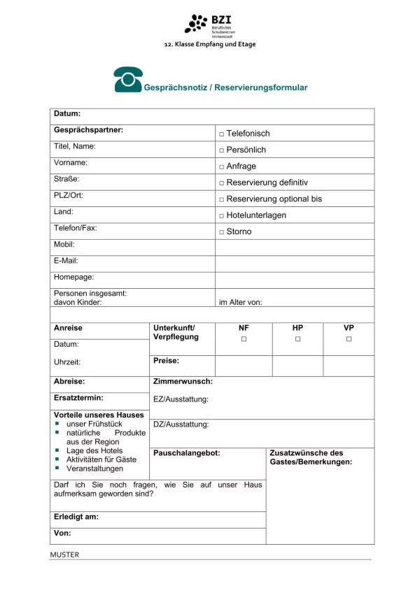 Unterrichtsbaustein: 6.1 Gesprächsnotiz und Reservierungsformular