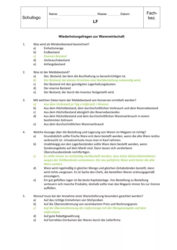Unterrichtsbaustein: 12.1 Wiederholungsfragen zur Warenwirtschaft (Lösung)