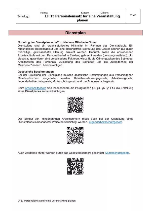 Unterrichtsbaustein: 13.1 Dienstplan Infotext