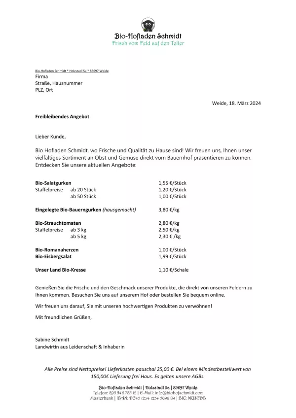 Unterrichtsbaustein: 10.2 Angebot Bio-Hofladen Schmidt