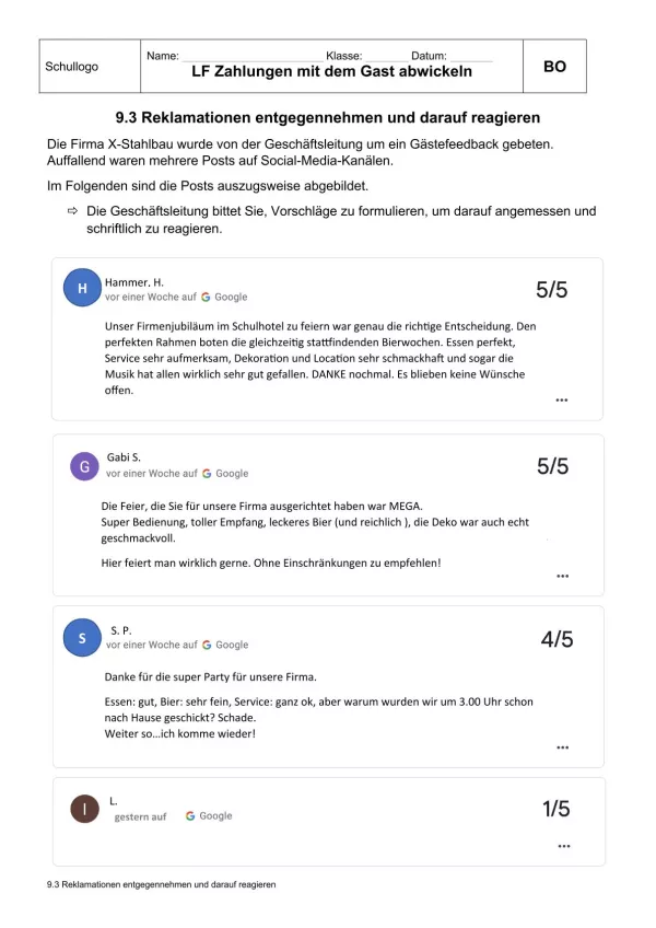 Unterrichtsbaustein: 9.3 Reklamationen entgegennehmen und darauf reagieren