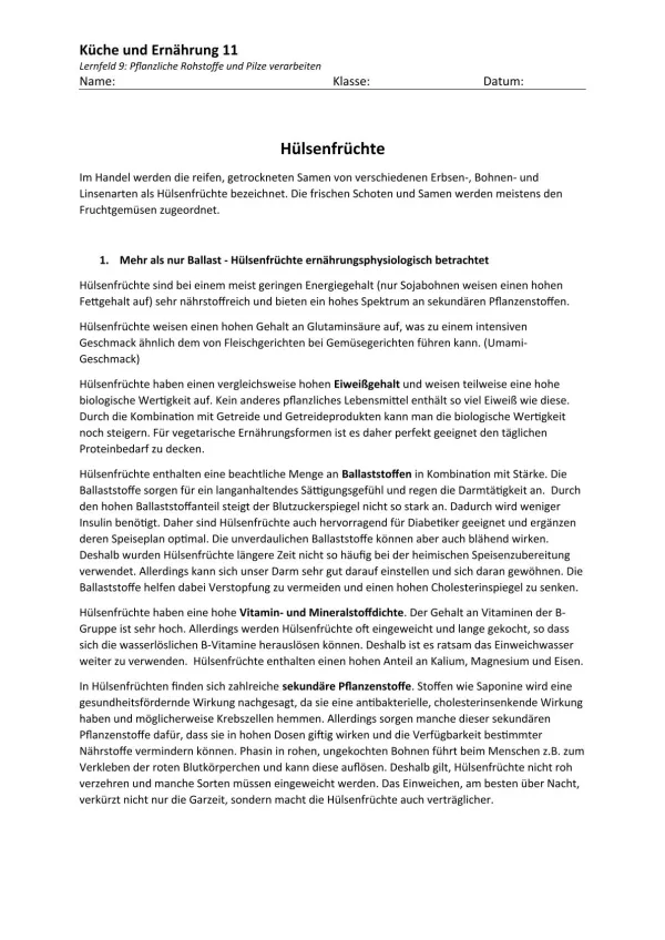 Unterrichtsbaustein: 9.2 Hülsenfrüchte (Lösung)