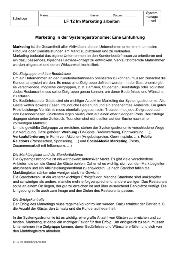 Unterrichtsbaustein: 12.1.1 Marketing in der Systemgastronomie: Eine Einführung