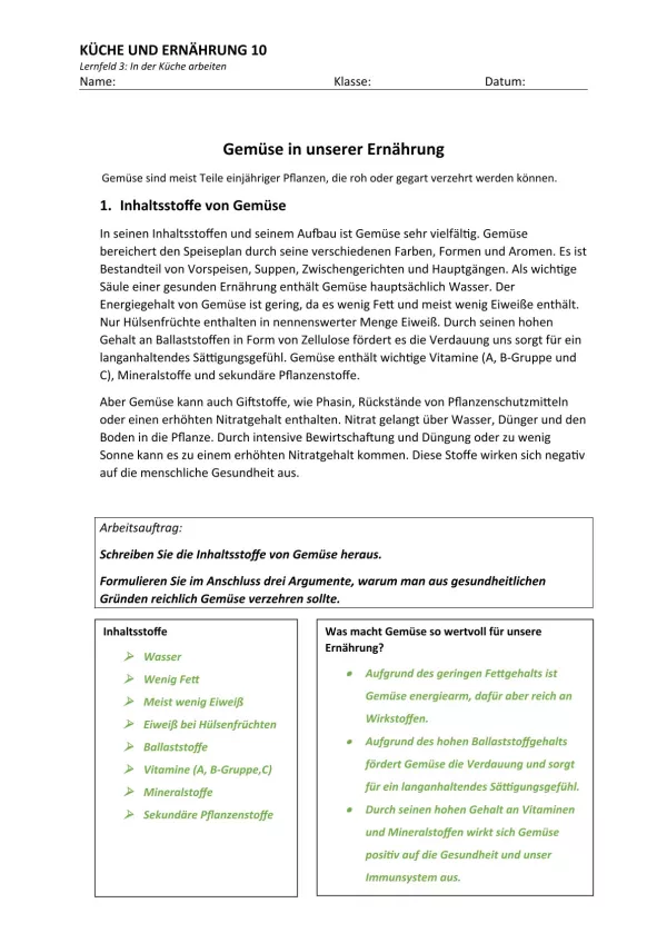 Unterrichtsbaustein: 3.1 Gemüse in unserer Ernährung (Lösung)