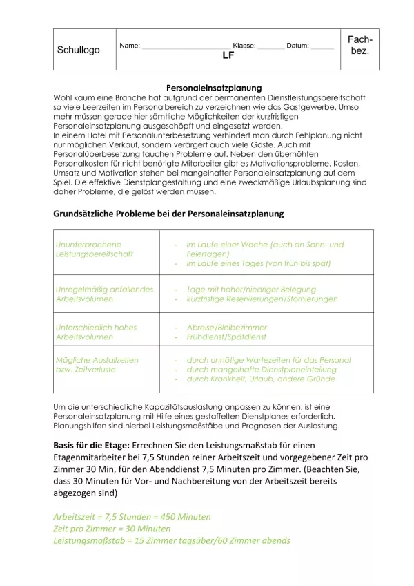 Unterrichtsbaustein: 11.1 Personaleinsatzplanung