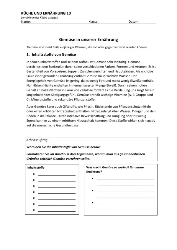 Unterrichtsbaustein: 3.1 Gemüse in unserer Ernährung