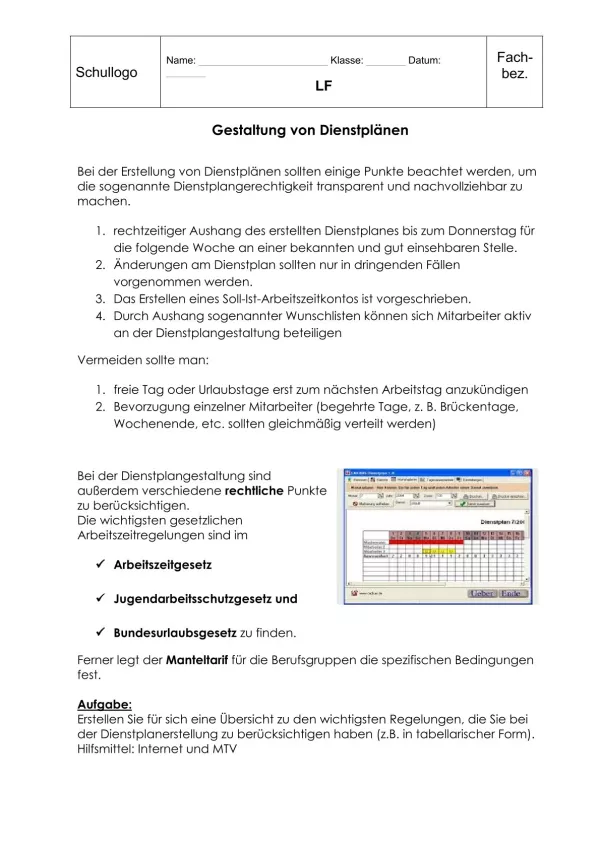 Unterrichtsbaustein: 11.1 Gestaltung von Dienstplänen