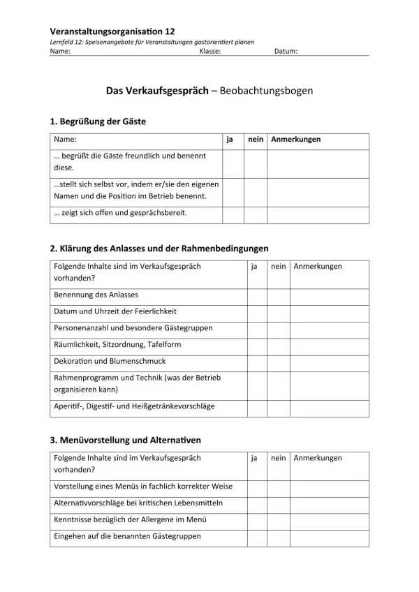 Unterrichtsbaustein: 12.1 Das Verkaufsgespräch: Beobachtungsbogen