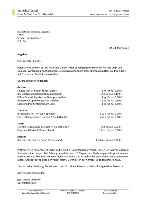 Unterrichtsbaustein: 10.2 Angebot Maierhof GmbH