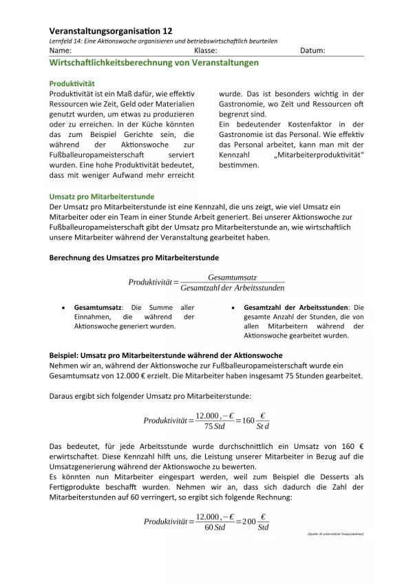 Unterrichtsbaustein: 14.1 Wirtschaftlichkeitsberechnung von Veranstaltungen: Produktivität