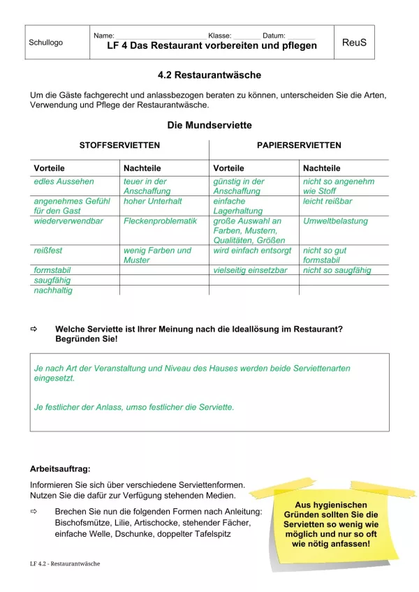 Unterrichtsbaustein: 4.2 Restaurantwäsche Servietten (Lösung)