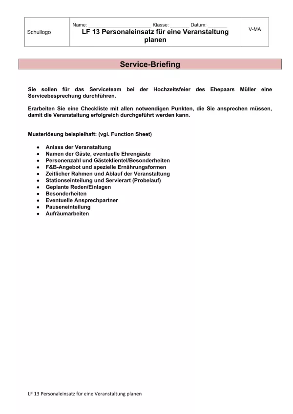 Unterrichtsbaustein: 13.1 Service-Briefing Hochzeitsfeier