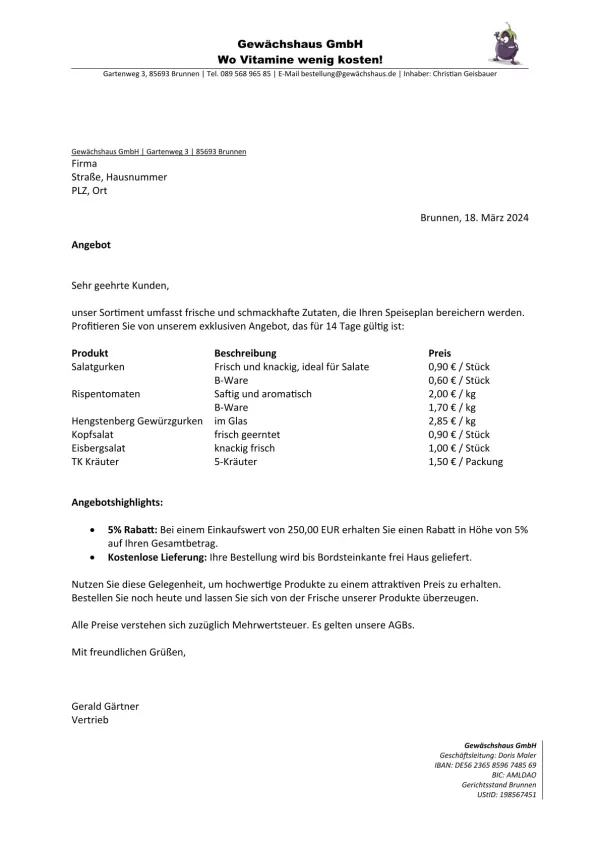 Unterrichtsbaustein: 10.2 Angebot Gewächshaus GmbH