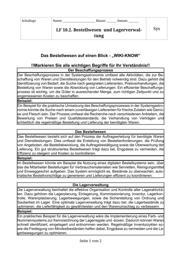 Unterrichtsbaustein: 10.1 Das Bestellwesen auf einen Blick