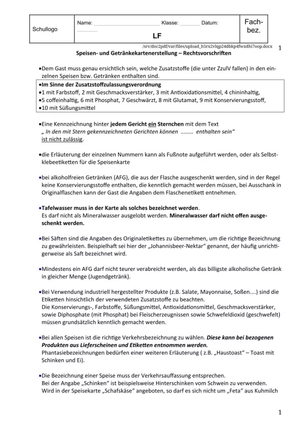 Unterrichtsbaustein: 12.1 Speisekarten und Getränkekarten - Rechtsvorschriften