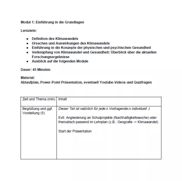 Unterrichtsplanung: Modul 1 | Einführung in die Grundlagen | Ablaufplan