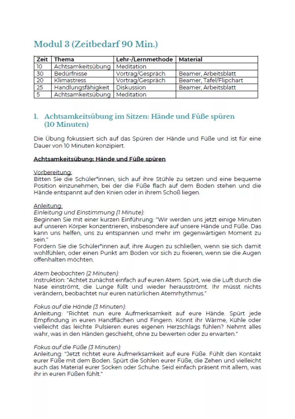 Unterrichtsplanung: Modul 3 | Psychische Gesundheit - Bedürfnisse und Klimastress | Ablaufplan