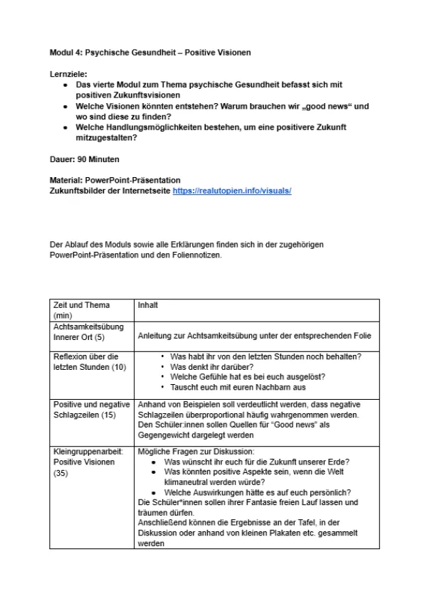 Unterrichtsplanung: Modul 4 | Psychische Gesundheit - Positive Visionen | Ablaufplan
