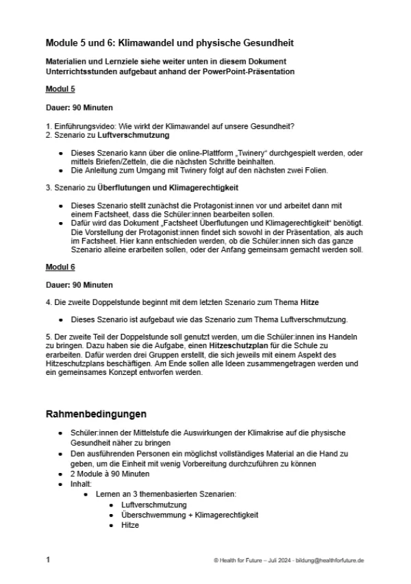 Handreichung: Modul 5 und 6 | Physische Gesundheit | Ablaufplan