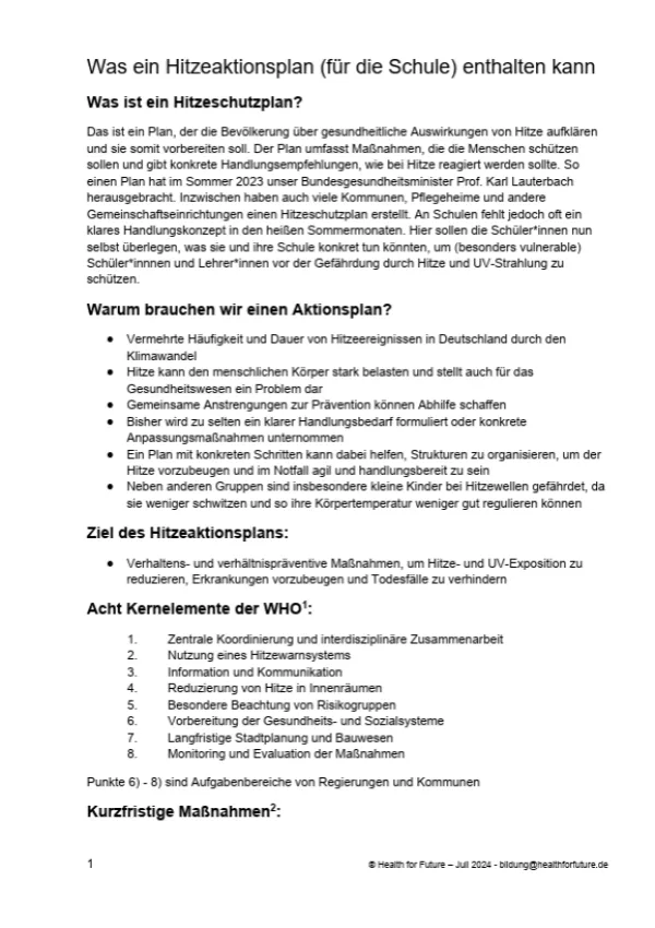 Broschuere: Modul 6 | Physische Gesundheit - Hitze und Hitzeschutz | Hitzeschutzplan