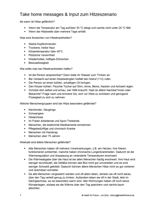 Merkblatt: Modul 6 | Physische Gesundheit - Hitze und Hitzeschutz | Take home messages