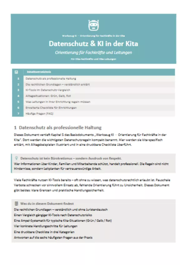 Handreichung: Datenschutz und KI in der Kita – Orientierung für Fachkräfte und Leitungen