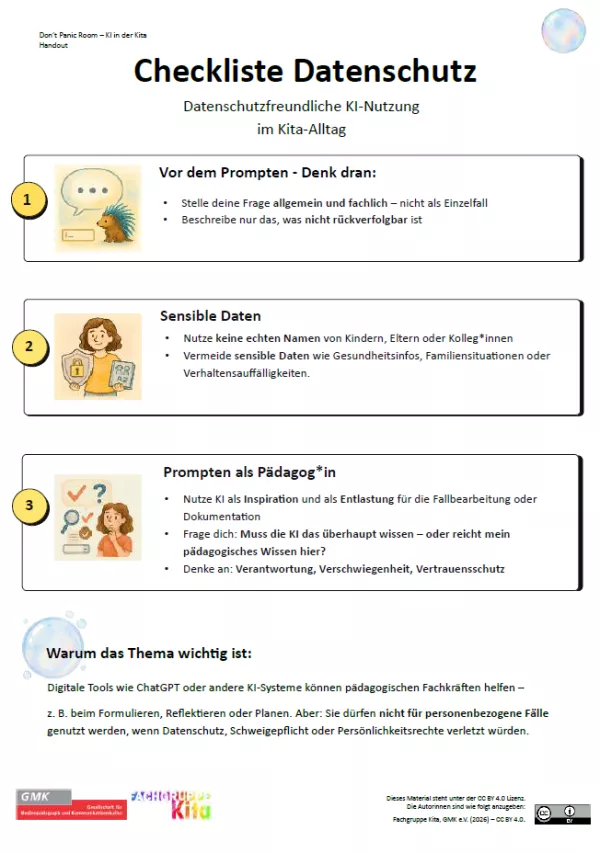 Merkblatt: Don’t Panic Room - KI in der Kita | Station 1 "Checkliste Datenschutz"