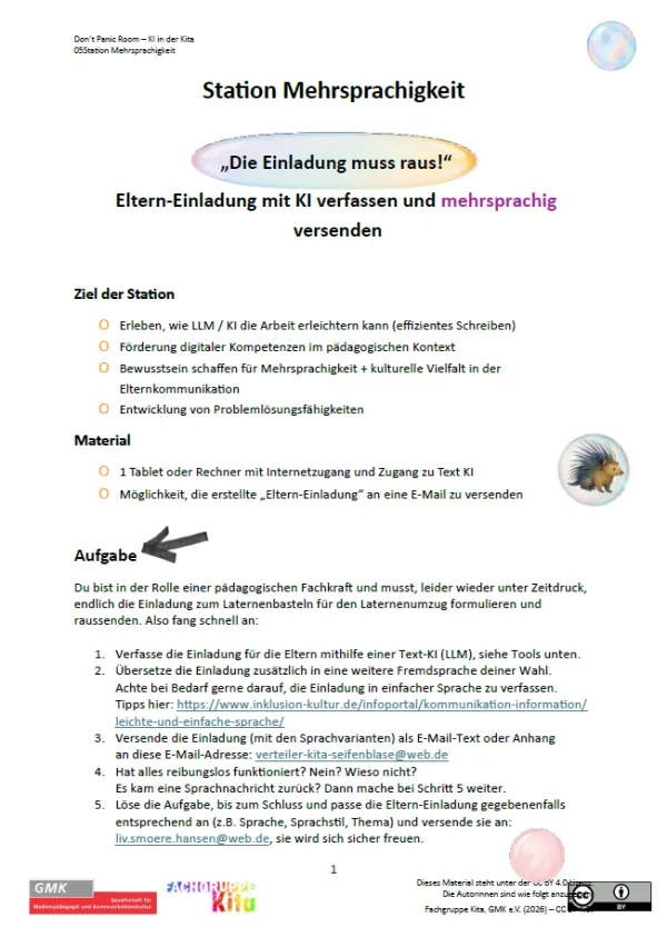 Entdeckendes: Don’t Panic Room - KI in der Kita | Station 5 "Mehrsprachigkeit - Eltern-Einladung mit KI verfassen und mehrsprachig versenden"