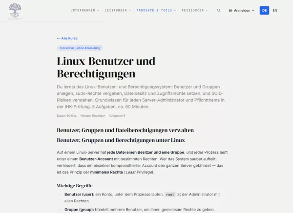 Webseite: Linux-Benutzer und Berechtigungen