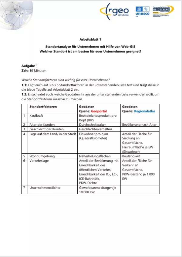 Arbeitsblatt: Arbeitsblatt 1: Standortanalyse mit Web-GIS (Standortfaktoren & Geodaten)