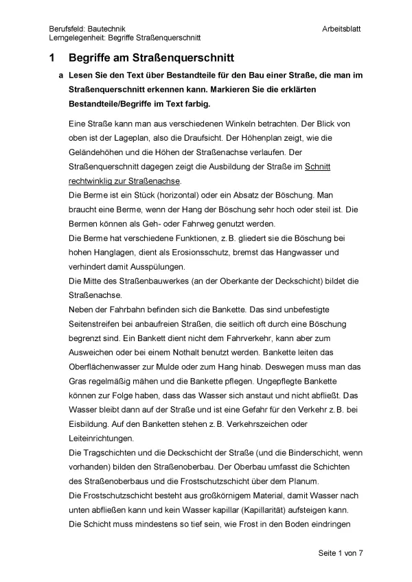 Arbeitsblatt: Begriffe am Straßenquerschnitt - Arbeitsblatt (Word)