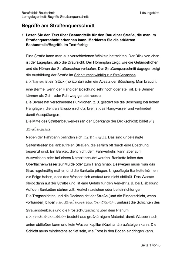 Text: Begriffe am Straßenquerschnitt - Lösungen (Word)