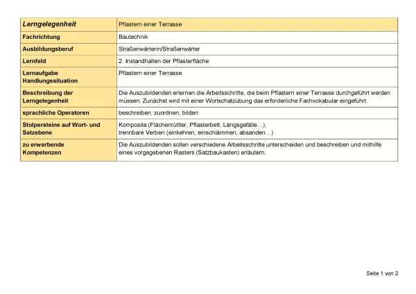 Unterrichtsplanung: Pflastern einer Terrasse - Lerngelegenheit (Pdf)