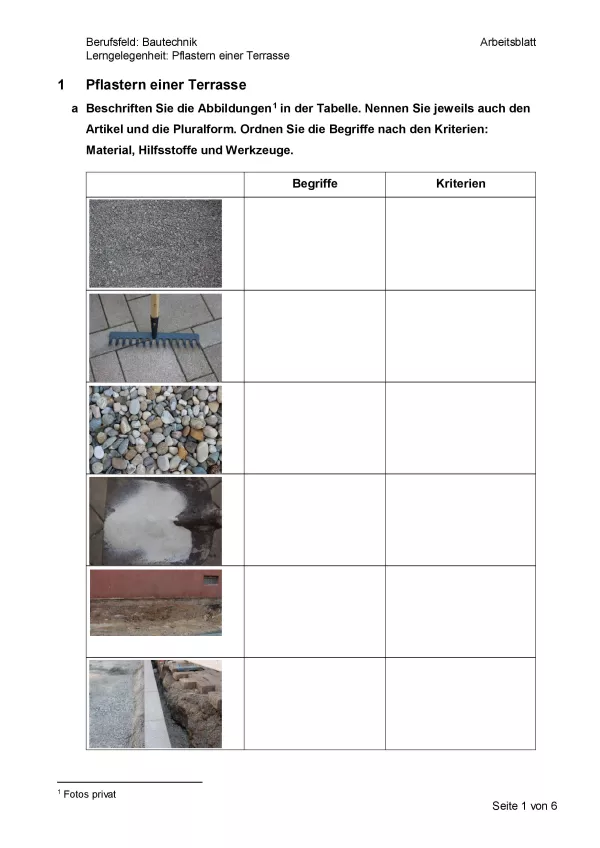 Arbeitsblatt: Pflastern einer Terrasse - Arbeitsblatt (Pdf)