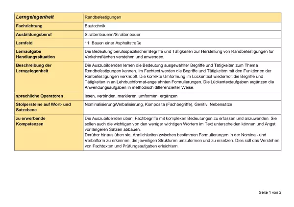 Unterrichtsplanung: Randbefestigungen - Lerngelegenheit (Word)